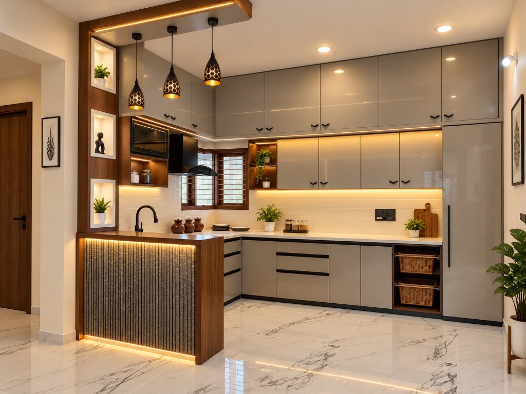 Premium L-Shape Modular Kitchen with Island Breakfast Counter