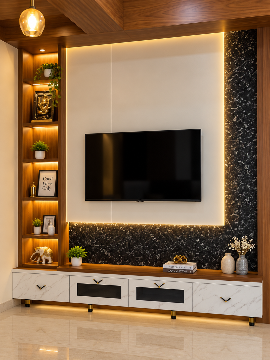 Glossy Modular Kitchen with Breakfast Island & Glass Pendant Lights