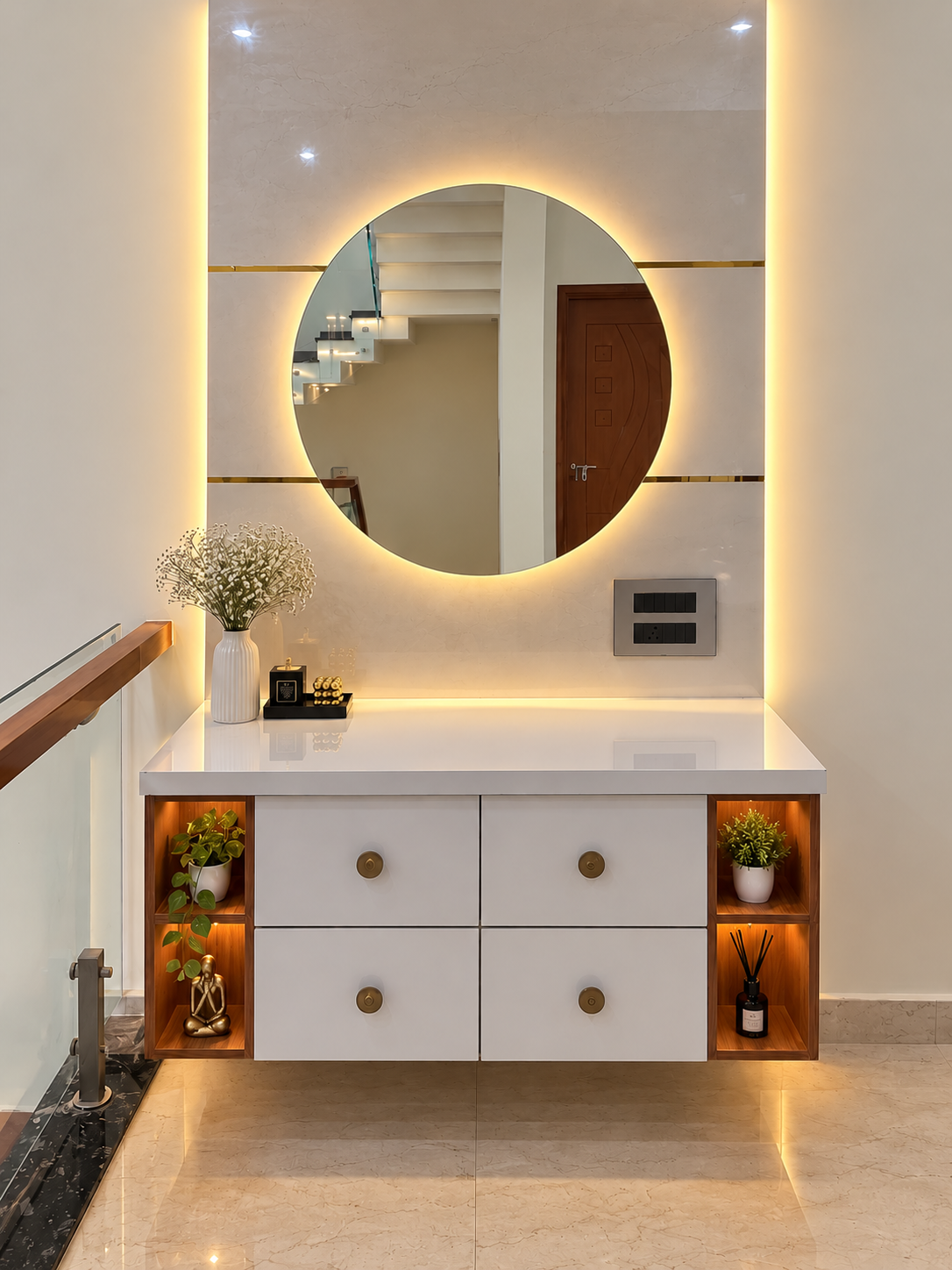 Floating Designer Vanity Unit with Circular LED Mirror