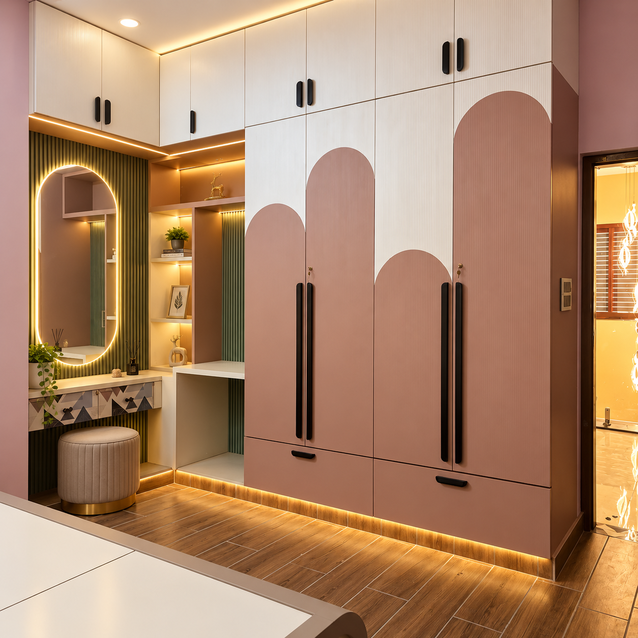Dusty Pink & White Wardrobe with Built-in Illuminated Vanity Mirror