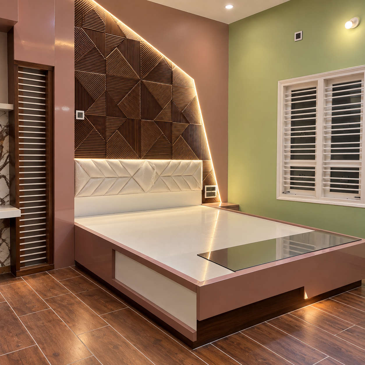 Angular Fluted Wooden Slat Accent Panel Bed Backing