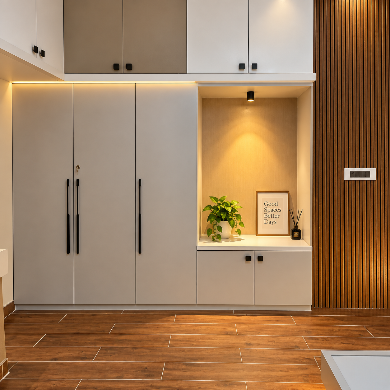 Modern Minimalist Storage Cabinet with Warm Lit Open Display Niche