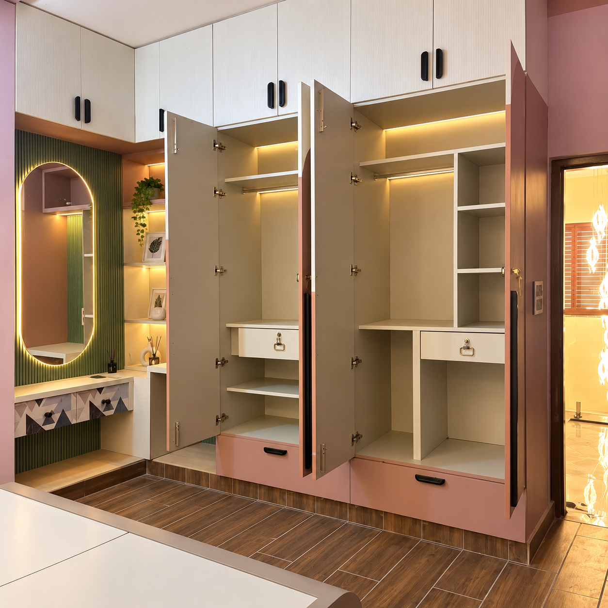 Illuminated Double Wardrobe Interior with Open Doors & Drawers
